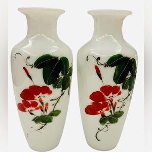Early 19th Century France,  Opaline Hand Blown,Hand Painted Vases  Green, Red 8”